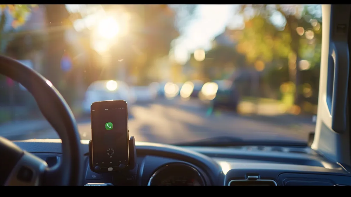 Smartphone mounted on a work van dashboard with green incoming call notification