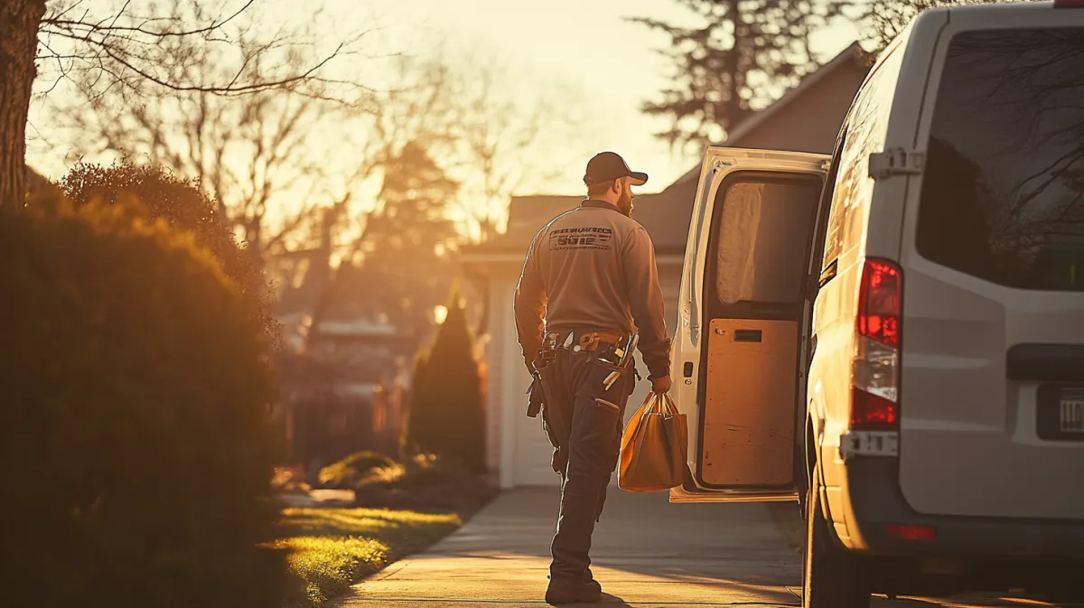 Service worker stepping out of a branded work van at a residential home during golden hour